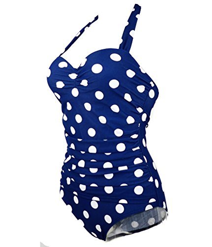 1950s Retro Vintage One Piece Monokini Navy Blue with White Polka Swimsuits Swimwear 5XL(FBA) - Image 3