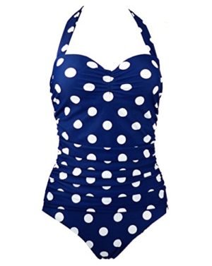 1950s Retro Vintage One Piece Monokini Navy Blue with White Polka Swimsuits Swimwear 5XL(FBA)