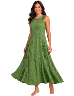Embroidered Long Sleeveless Floral Caftan Dress