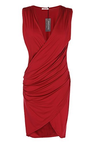 ANGVNS Women V Neck Sleeveless Cocktail Party Pleated Dress (XL, Red)