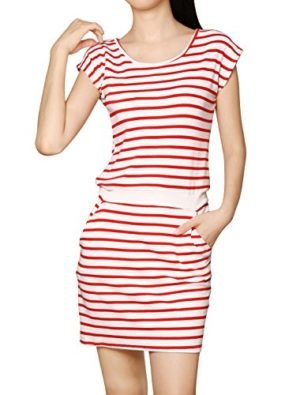 Allegra K Women Sleeveless Stripes Ribbed Waist Unlined Tunic Dress Red White S