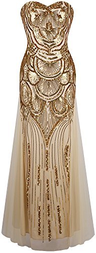 Angel-fashions Women's Sequin Strapless Sweetheart Mesh Lace up Banquet Dress XXLarge Gold