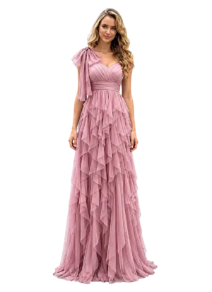 Ouman Sweetheart Bridesmaid Chiffon Prom Dress Long Evening Gown Blush