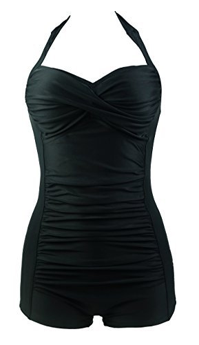 Cocoship Solid Black Elegant Retro Boy-Leg One Piece Ruched Beachwear Swimsuit 10(FBA)