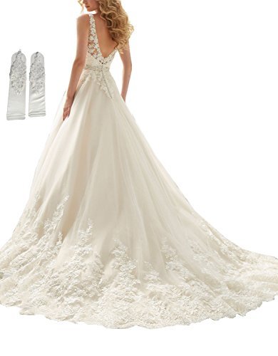 Datangep Women's Straps V-Neck Embellished Belt Empire Long Wedding Dress for Bride with Chapel Train US8 - Image 3