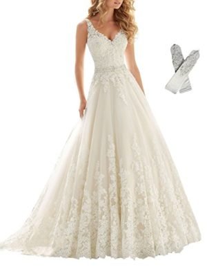 Datangep Women's Straps V-Neck Embellished Belt Empire Long Wedding Dress for Bride with Chapel Train US8