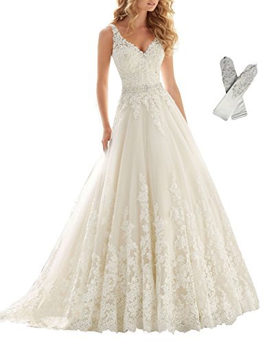 Datangep Women's Straps V-Neck Embellished Belt Empire Long Wedding Dress for Bride with Chapel Train US8