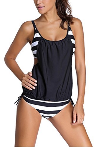 Dokotoo Womens Stripes Lined Up Double Up Tankini Top Bikini Swimwear,(US 10-12)L,Black