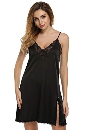Ekouaer Ladies Silky Lace Chemise Satin Nightgown Plus Size,Black,XL ...