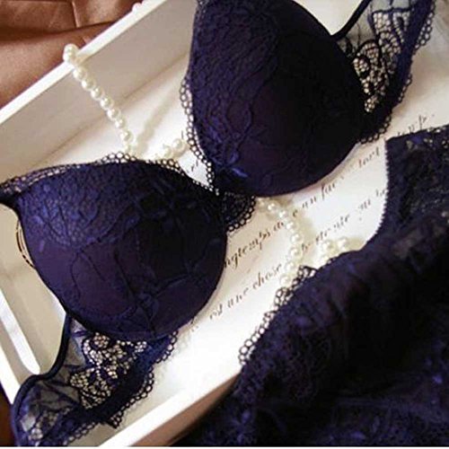 Etosell Women Sexy Deep V Lace Underwire Bra Set Push Up Bra Outfit Blue 36C - Image 4