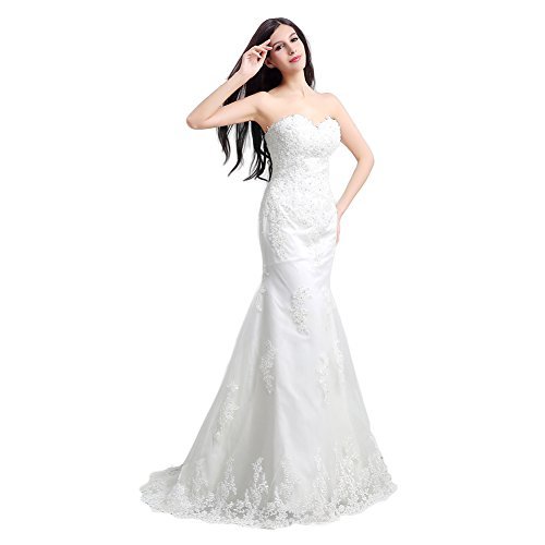 Ikerenwedding Women's Sweetheart Lace Applique Sweep Train Mermaid Bridal Gown White US16 - Image 4
