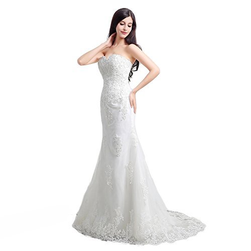 Ikerenwedding Women's Sweetheart Lace Applique Sweep Train Mermaid Bridal Gown White US16 - Image 5