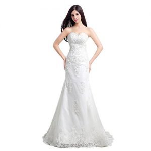 Ikerenwedding Women's Sweetheart Lace Applique Sweep Train Mermaid Bridal Gown White US16