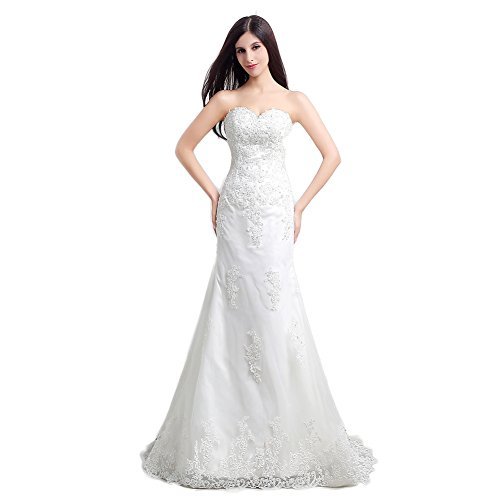 Ikerenwedding Women's Sweetheart Lace Applique Sweep Train Mermaid Bridal Gown White US16