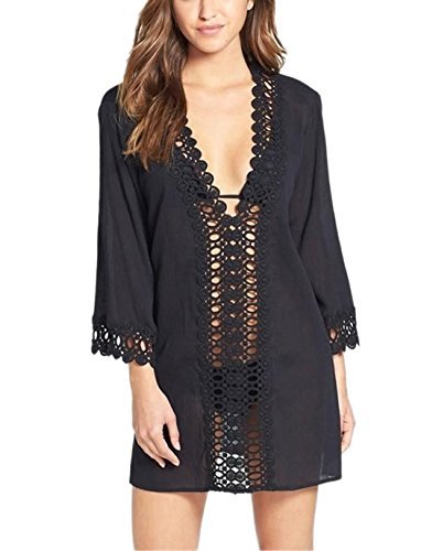 MiYang Women's Floral Lace Beach Bikini Swimwear Cover-up, Black, Large(US Size 10-12)