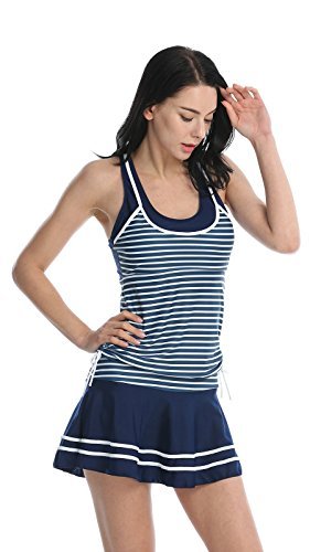 MiYang Women's Tankini Striped Vintage Swim Dress (Deep Blue Medium) - Image 5