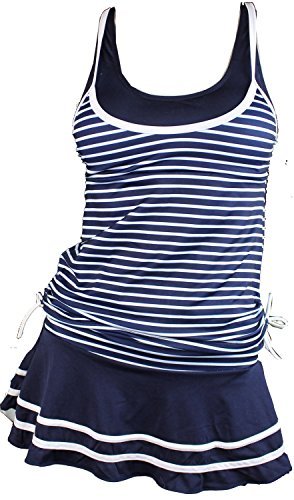 MiYang Women's Tankini Striped Vintage Swim Dress (Deep Blue Medium)