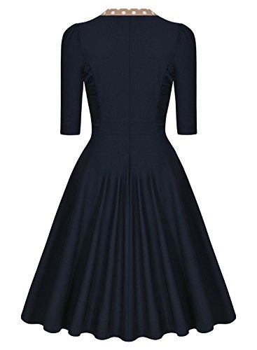 Miusol Women's 3/4 Sleeve Casual Slim Fit and Flare A-line Vintage Dress,Navy Blue,Large - Image 3