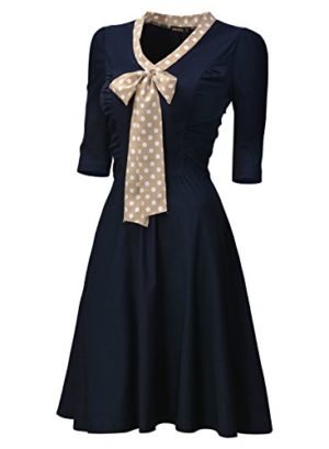 Miusol Women's 3/4 Sleeve Casual Slim Fit and Flare A-line Vintage Dress,Navy Blue,Large
