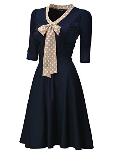 Miusol Women's 3/4 Sleeve Casual Slim Fit and Flare A-line Vintage Dress,Navy Blue,Large