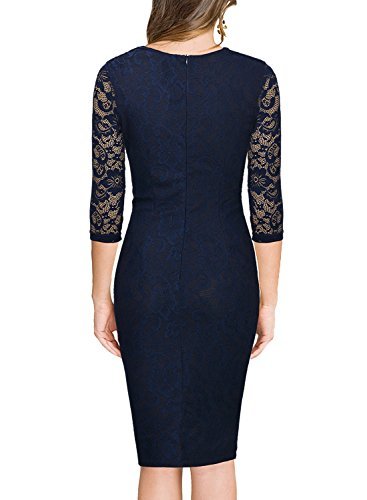 Miusol Women's Deep-V Neck Ruffles Floral Lace Fitted Retro Evening Pencil Dress, Large, Navy Blue - Image 3