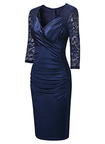 Miusol Women's Deep-V Neck Ruffles Floral Lace Fitted Retro Evening Pencil Dress, Large, Navy Blue - Image 4
