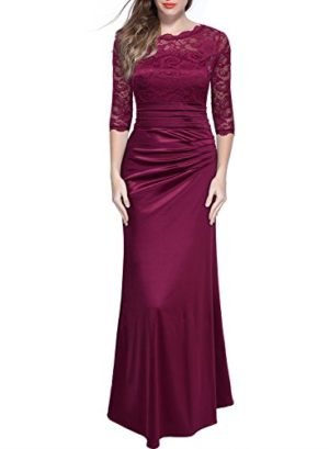 Miusol Women's Retro Floral Lace Vintage 2/3 Sleeve Slim Ruched Wedding Maxi Dress Wine Red Large