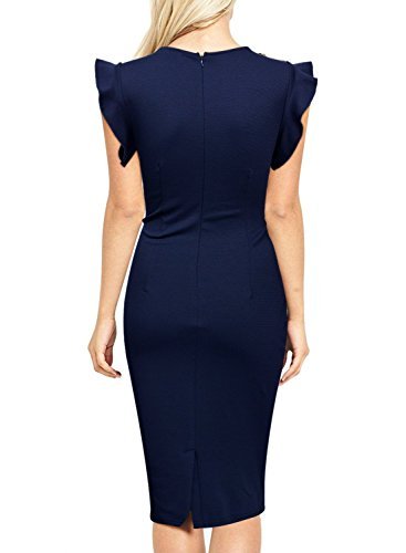 Miusol Women's Retro Ruffles Cap Sleeve Slim Business Pencil Cocktail Dress,Navy Blue,Small - Image 3