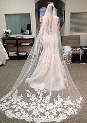 New Elegant 1T White Ivory Lace Edge Cathedral Length Wedding Bridal Veil+Comb