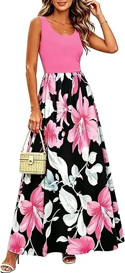 Newfits Womens Striped Zig Zag Scoop Neck Chevron Print Tank Maxi Long Dress (S, Pink)