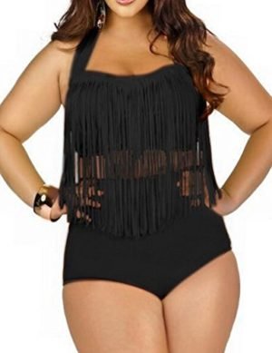 Papaya Wear Women's Retro High Waist Braided Fringe Top Bikini Swimwear Plus Size,Black ,X-Large