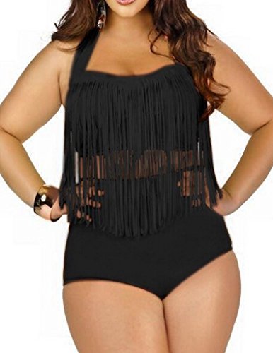 Papaya Wear Women's Retro High Waist Braided Fringe Top Bikini Swimwear Plus Size,Black ,X-Large