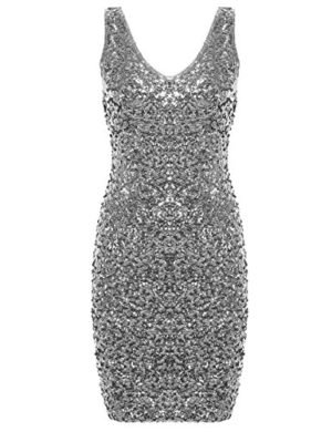 PrettyGuide Women Sexy Deep V Neck Sequin Glitter Bodycon Stretchy Mini Party Dress Silver M