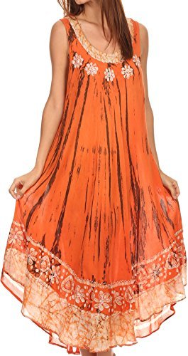 Sakkas 15009 - Alexis Embroidered Long Sleeveless Floral Caftan Dress / Cover Up - Burnt Orange - OS
