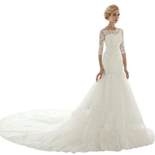 Sarahbridal Women's Mermaid Chapel Train Wedding Dress Bridal Gown US4 Ivory - Image 3
