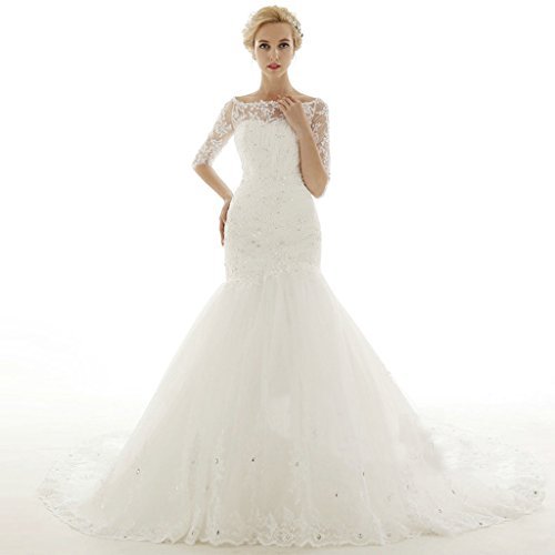 Sarahbridal Women's Mermaid Chapel Train Wedding Dress Bridal Gown US4 Ivory - Image 4