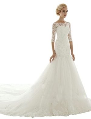 Sarahbridal Women's Mermaid Chapel Train Wedding Dress Bridal Gown US4 Ivory