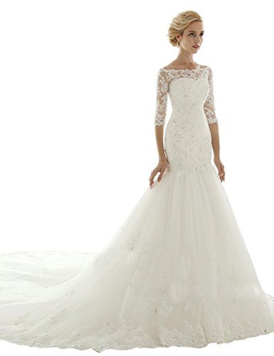 Sarahbridal Women's Mermaid Chapel Train Wedding Dress Bridal Gown US4 Ivory