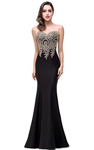 Sleeveless Appliques Mermaid Long Formal Black Evening Dresses for Women Formal, 16, Black