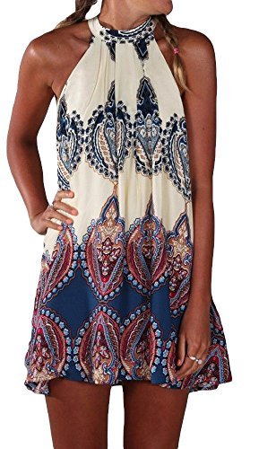 Summer Sleeveless Halter Neck Keyhole Back Swing Beachwear Mini Sundress M