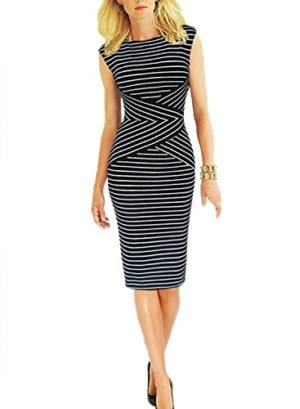 Viwenni Women's Summer Striped Sleeveless Wear to Work Casual Party Pencil Dress,Black,Large