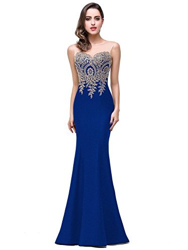 Women's Lace Applique Long Formal Mermaid Evening Prom Dresses,Royal Blue,10