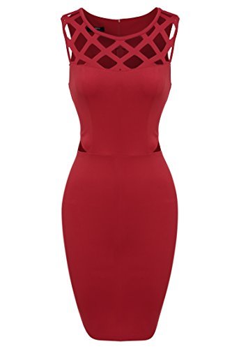 Zeagoo Women's Sleeveless Hollow Out Cocktail Party Mini Pencil Bodycon Dress,Large,Red