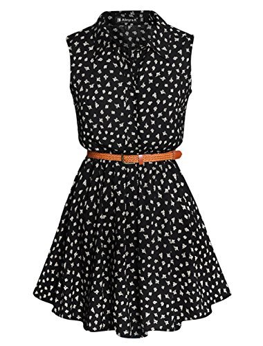 Women Daisy Print Sleeveless Unlined Belted Shirt Dress