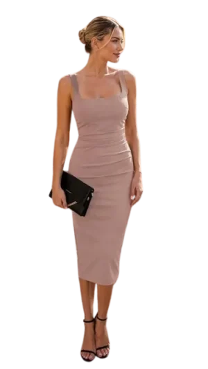 Women Square Neck Striped Formal Cocktail Club Bodycon Fitted Midi Knee Dress