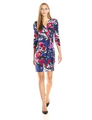 Adrianna Papell Women's 3/4 Slv Drape Frt Wrap Dress, Blue/Multi, S