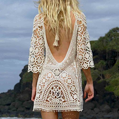 Bestyou Women's Crochet Lace Tops Halter Knit Mini Dress Sexy Bikini Swimsuit Bathing Suit Cover up Beachwear - Image 5