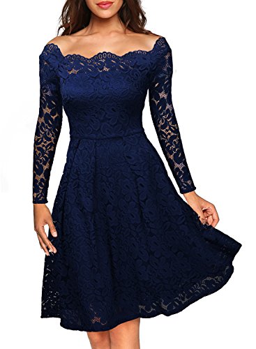 MISSMAY Women's Vintage Floral Lace Long Sleeve Boat Neck Cocktail Party  Swing Dress - Max Her is an online women Apparel and Fashion Blog
