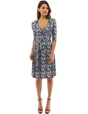 PattyBoutik Women's Faux Wrap A Line Dress (Gray, White and Black S)