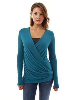 PattyBoutik Women's Faux Wrap High Low Hem Twinset Blouse (Teal S)